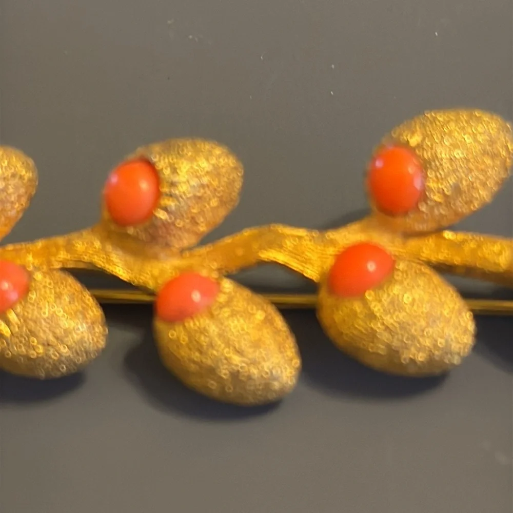 Gorgeous gold tone nugget branch brooch with coral colored beads